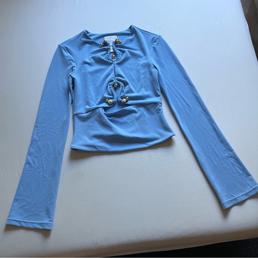 C/MEO COLLECTIVE blue knit cutout ring hardware detail long sleeve‎ top shirt